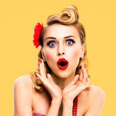 Wow. Face portrait impressed shock happy beautiful blond cute woman with wide open mouth and eyes, isolate orange yellow background. Unbelievable sale offer rebate deal action ad concept. Square image