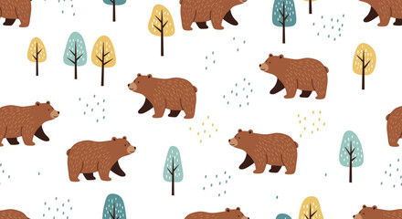 Cute brown bears and whimsical trees seamless pattern with a playful forest theme.