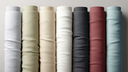 Colorful Fabric Rolls: White, Beige, Black, Red, and Blue Textile Display