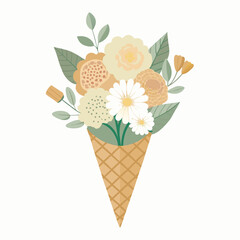 Ice cream cone filled with pastel flowers and leaves