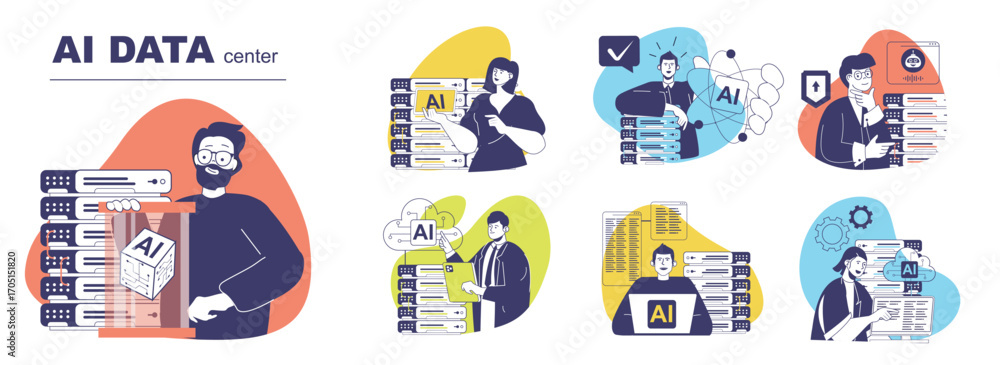 Fototapete AI data center concept set for web design. Collection with people using network computing with artificial intelligence technology, cloud processing, online backup with security. Vector illustration.