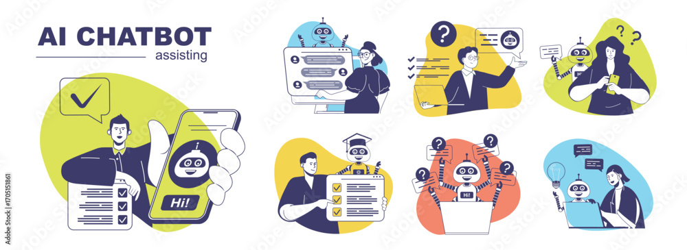 Fototapete ai chatbot assisting concept set for web design. collection with people chatting with artificial int