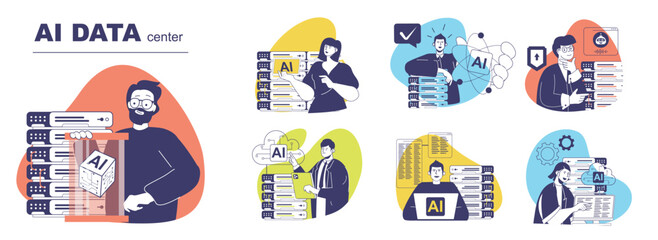 AI data center concept set for web design. Collection with people using network computing with artificial intelligence technology, cloud processing, online backup with security. Vector illustration.