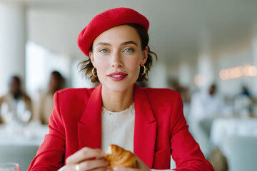 Elegant woman enjoying croissant in restaurant wearing red beret