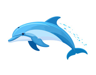 A stylized illustration of a blue dolphin leaping, with water splashing from its body, isolated on a white background.