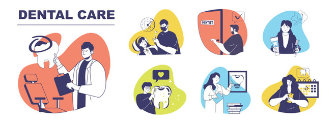 Dental care concept set for web design. Collection with people visiting dentist for teeth check up, getting oral hygiene, whitening treatment and prevention tooth procedure. Vector illustration.