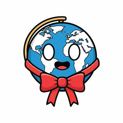 Cartoon Globe with Expressive Facial Features and Red Bowtie