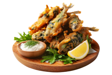Whitebait Fritters small fish mixed with egg and fried like pancakes on wooden plate served with tartar sauce and lemon, isolated on white transparent background. Concept of New Zealand cuisine