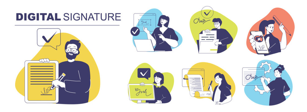 Digital signature concept set for web design. Collection with people signing business documents with electronic identification certificate, approve with verification technology. Vector illustration.