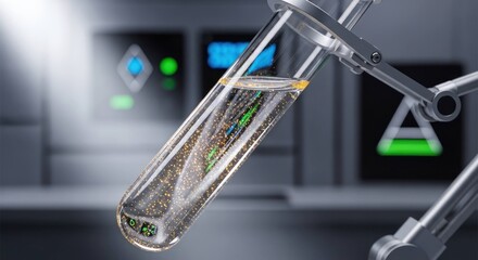 Lit test tube held by robotic arm with a shimmering liquid inside