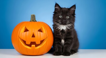 Black kitten with carved pumpkin fluffy kitten green eyes