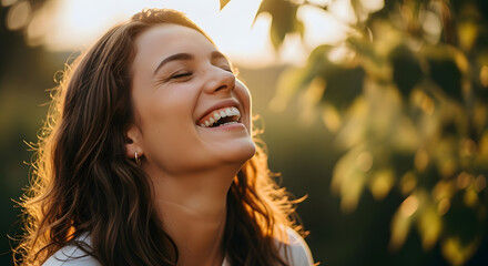 Carefree beautiful woman enjoying a moment of pure happiness and heartfelt laughter outdoors, backlit by the warm evening sun