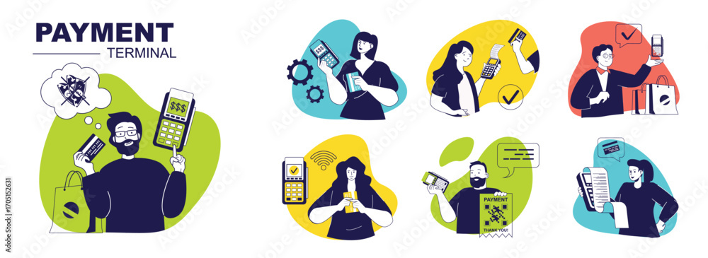Wall mural payment terminal concept set for web design. collection with people using wireless and contactless p