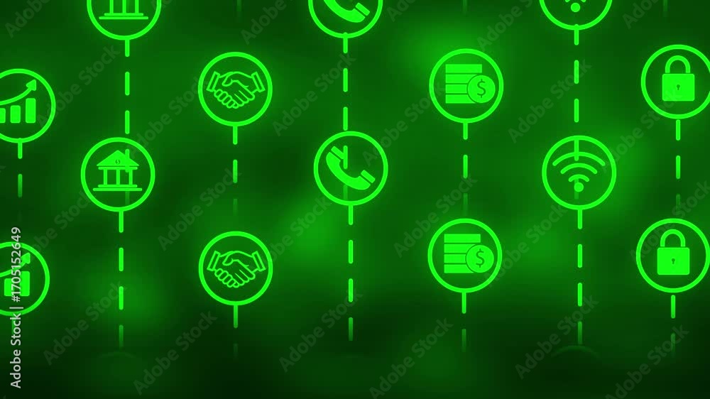 Poster glowing green icons representing business and finance connected in a digital network on a dark gradi