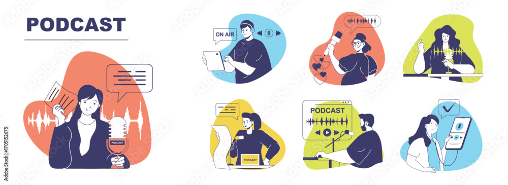 Poster podcast concept set for web design. collection with people recording audio interview or online show 