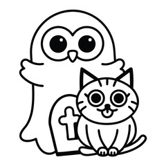 Fototapeta premium Adorable cartoon owl ghost and cat with a tombstone outline Keywords: owl, ghost, cat, tombstone, Halloween, cartoon, outline, drawing, illustration, cute, character, spooky, friendly, happy