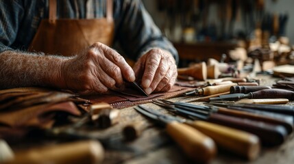 Obraz premium A man is working on a leather item with a leather apron on