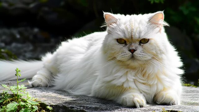 Beautiful white Persian cat lying down relaxing outdoors in nature, a fluffy animal portrait with soft fur.