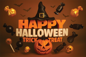 Halloween Trick or Treat 3D Illustration with Witch Hat, Candy, and Pumpkin perfect for festive promotions, seasonal greetings, and holiday-themed designs.
