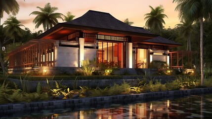 Tranquil tropical villa retreat with luxurious architecture and lush landscaping reflecting in water