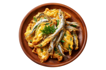 Whitebait Fritters small fish mixed with egg and fried like pancakes on wooden plate, isolated on white transparent background. Concept of New Zealand cuisine