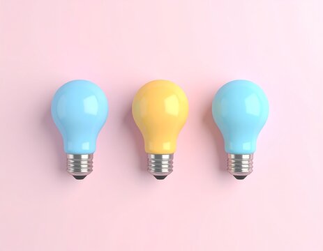 Three colorful light bulbs on a pastel pink background
