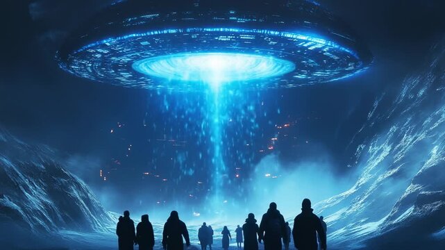 People looking at giant glowing UFO spaceship with blue light beam in night sky creating alien invasion scene