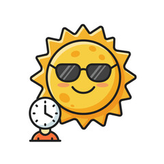 Fototapeta premium Cartoon sunshine mascot with sunglasses and clock