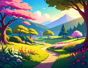 Colorful spring landscape with winding path