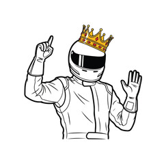 A line art illustration of a champion race car driver wearing a helmet, suit, and a golden crown, celebrating a win.