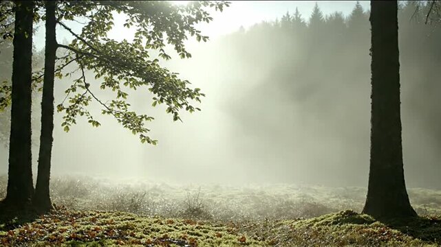 Morning mist drifting through a peaceful forest meadow, with sunlight filtering between tall trees and soft fog creating a serene natural atmosphere.