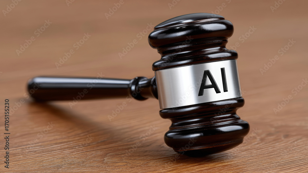Poster Artificial intelligence impact on policy is symbolized by judge gavel on wooden surface representing legal decisions and regulation in technology development