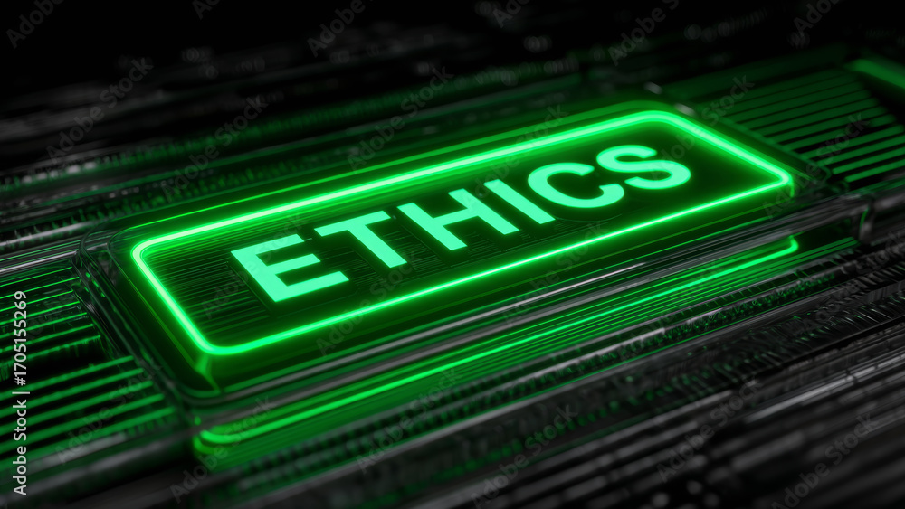 Poster ethics concept with glowing green button on futuristic circuit board background showing impact of ai
