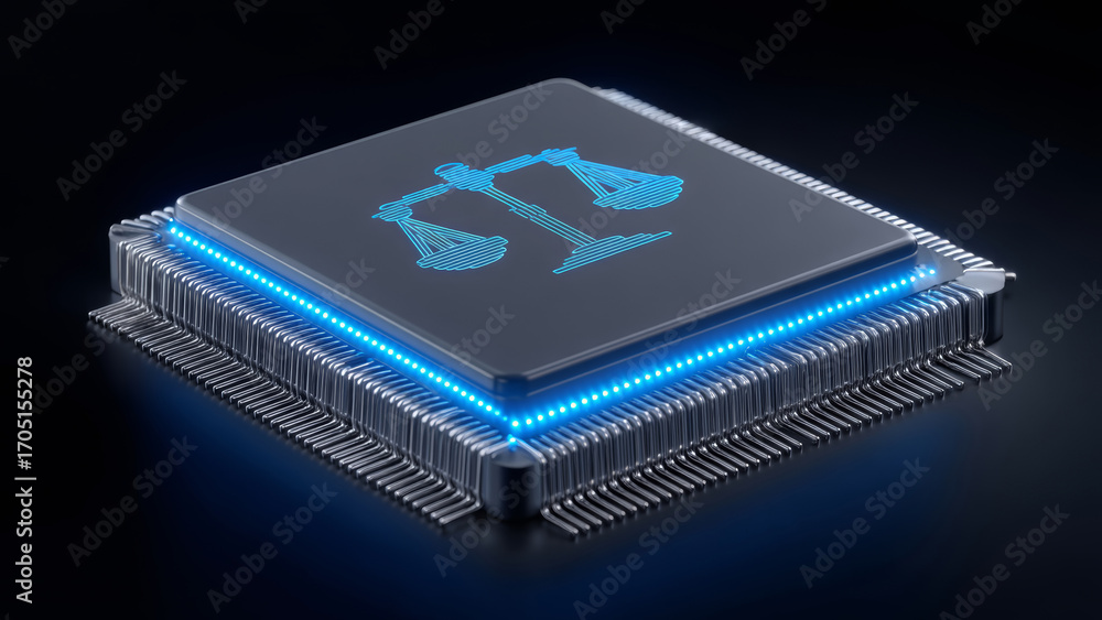 Poster artificial intelligence impact on law and policy represented by glowing blue scales on computer chip