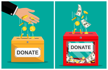 Man hand putting coin money into a yellow donation box labeled "donate", charity box for collecting money for good causes and help to people