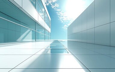 Fototapeta premium Modern architecture shows glass-walled buildings facing a sunny sky