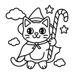 Cartoon Cat Witch with Candy Cane and Clouds on White Background vector halloween