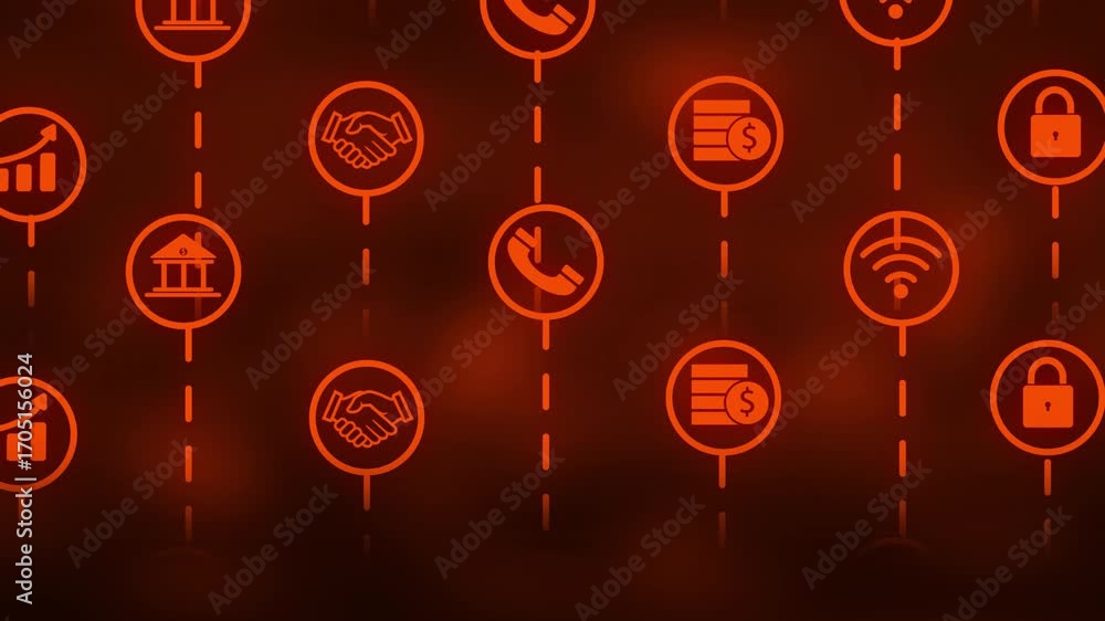 Poster glowing orange icons representing business and finance connected in a digital network on a dark grad