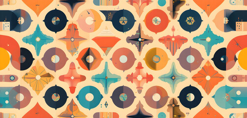 Retro Memphis design with bold shapes and playful colors, seamless vector illustration.
