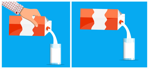 Hand of man holding paper milk carton with drink pouring into glass and carton pouring milk. Dairy product for healthy diet meal.