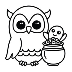Fototapeta premium Cartoon owl with a candy pot and a ghost for Halloween bird cute