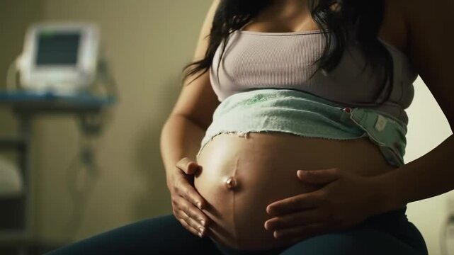 Expectant mother tenderly holding her baby bump during a fetal heart rate monitoring session at the clinic