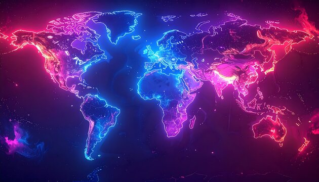 Vibrant World Map with Neon Glow and Digital Connections.