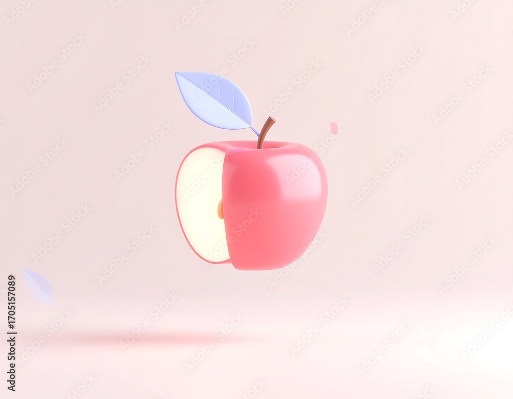 Poster a stylized 3d rendering of a fresh red apple with a slice removed levitating