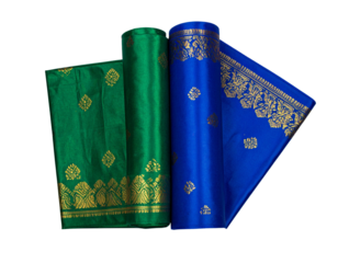 Rolled Green and Blue Saris with Ornamental Gold Detailing, Top View, Transparent