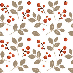 Seamless plant pattern background. Leaves and red berries on white background.