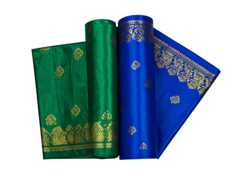 Rolled Green and Blue Saris with Ornamental Gold Detailing, Top View, Transparent