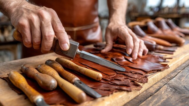 A man is working on leather with a variety of tools, including a knife