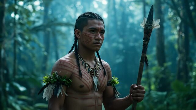 Indigenous man holding spear in forest
