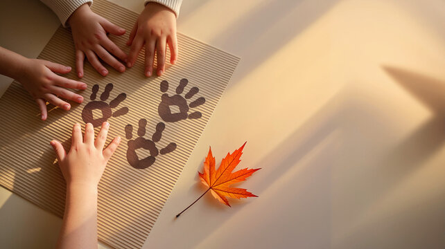 Two children making handprints on paper with autumn leaf   - Powered by Adobe